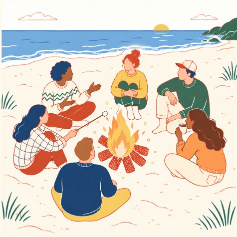 海辺で焚き火を囲んで語り合う人たちのイラスト